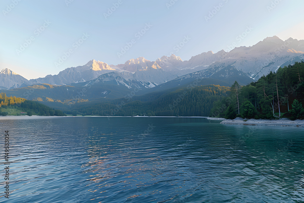 impressive summer sunrise on eibsee lake with zugspitze mountain range sunny outdoor scene in german alps bavaria germany europe beauty of nature concept background