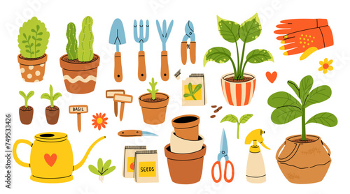 Vector set of gardening tools and plants in pots isolated on white background. Bundle of equipment for home plants repotting. Big set of garden elements and tools.