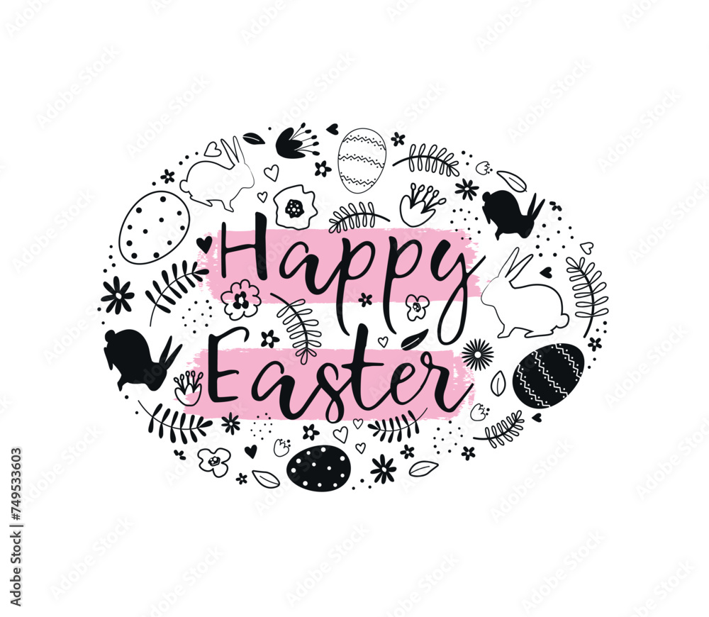Easter Egg from Easter elements. Easter bunnies, eggs, flowers, hearts, leaves. Happy Easter Greeting Card template. Abstract design. Vector illustration in black, white, pink Easter Egg from Easter elements. Easter bunnies, eggs, flowers, hearts, leaves. Happy Easter Greeting Card template. Abstract design. Vector illustration in black, white, pink