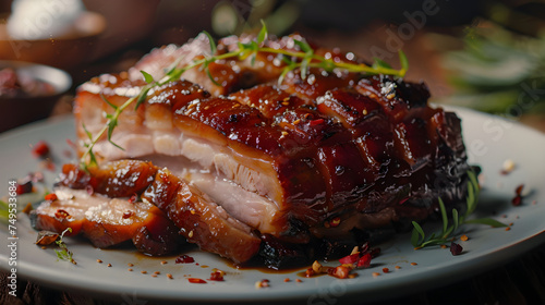 Succulent roasted pork belly on ceramic plate photo