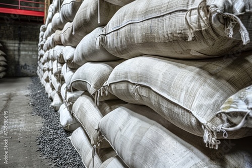 Many rows of big white sacks at large warehouse, Stack of sacks, low angle view.