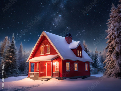 wooden house in the snowy forest