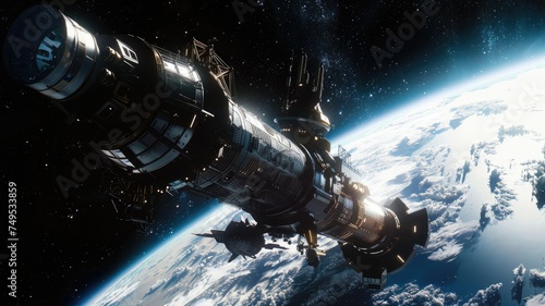 Futuristic space station orbiting Earth - A detailed space station design showcases advanced technology orbiting our blue planet