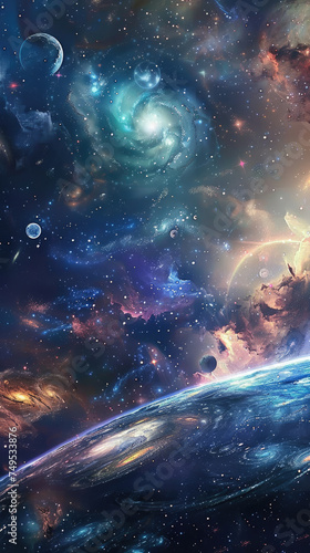 Galactic scene with planets and colorful nebula - Stunning colorful galactic scene featuring planets, a nebula, and the beauty of outer space, symbolizing exploration and dreams