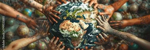Hands surrounding the Earth in unity - Multiple hands with diverse skin tones encircle a realistic Earth, symbolizing worldwide unity and diversity