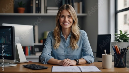 woman at desk with computer, smile and email, job report or article at digital agency, Internet, research and happy businesswoman at tech startup with online review photo