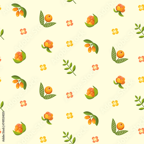 Summer forest berries.  Cloydberries,yellow berries and leaves. Pattern. Flat vector modern design on a light background.
