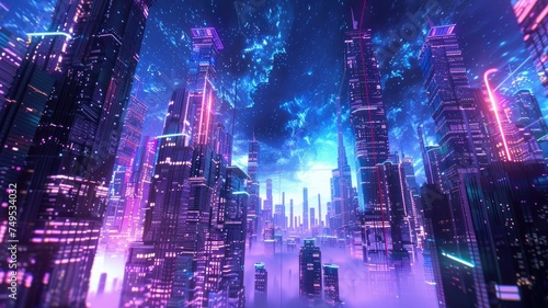 Neon-lit cyberpunk city with starry night sky - Vibrant cyberpunk city illuminated by countless neon signs and a magnificent star-filled sky, exemplifying high-tech urban life and infinite possibiliti