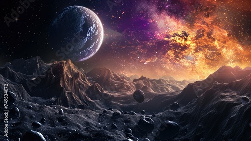 Planetary View from Rocky Extraterrestrial Terrain - An otherworldly view portrayed by a planet rising over a barren, rocky alien landscape against a nebula-filled sky