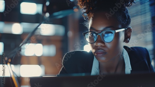 Professional woman working late in office - The image portrays a dedicated professional woman working after hours in an office setup, indicating determination