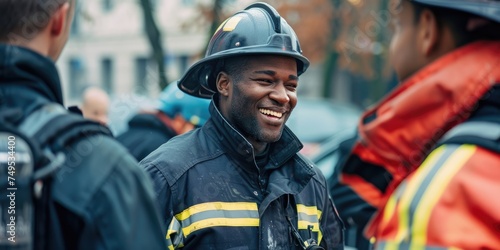 International Firefighters Day, an African American male firefighter talks with colleagues, the concept of dangerous and risky professions