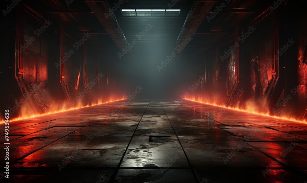 Fototapeta premium Magical dark corridor with fire and occult walls background. Demonic 3d tunnel in ancient dungeon with lines of burning fires and mystical light from ceiling
