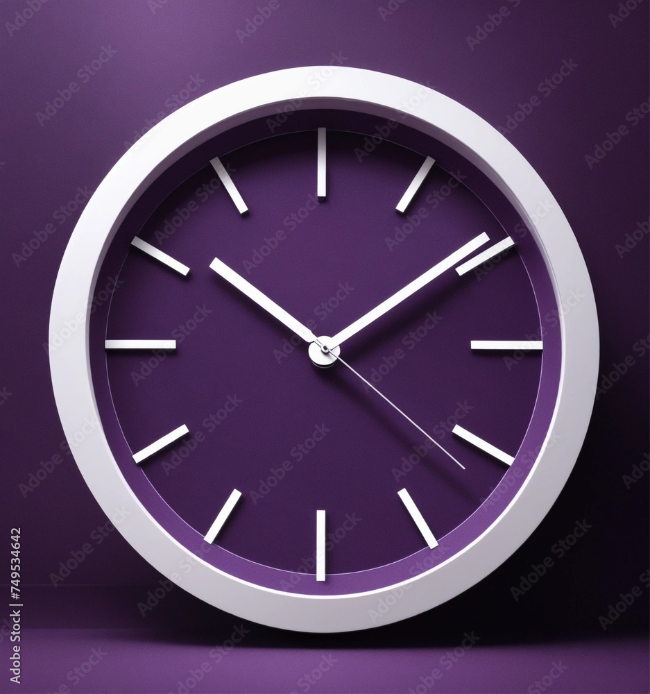 3D illustration of a round clock, and an increasing, minimalist elegant, dark purple and white tones 3D illustration of a round clock, and an increasing, minimalist elegant, dark purple and white tones