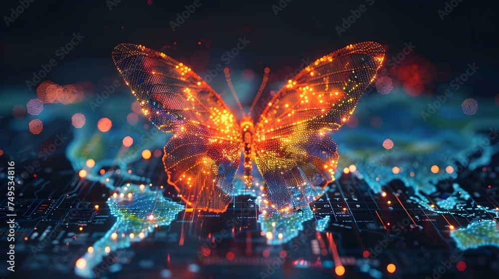 Digital butterfly on world map symbolizes successful startup or business transformation. Concept Startups, Business Transformation, Digital Butterfly, World Map, Symbolism - obrazy, fototapety, plakaty 