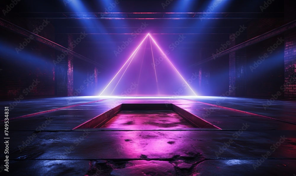 Mystical neon hall with pyramid hologram background. Gothic 3d blank stone purple room in magical ruins with backlight and rays of light from ceiling - obrazy, fototapety, plakaty 