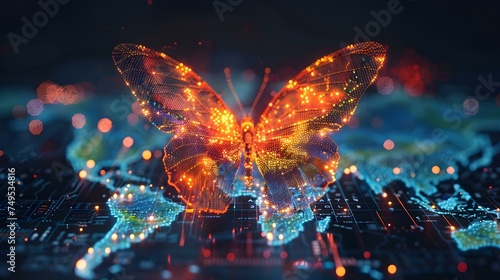 Digital butterfly on world map symbolizes successful startup or business transformation. Concept Startups, Business Transformation, Digital Butterfly, World Map, Symbolism photo