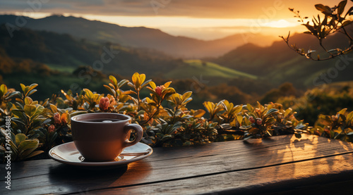Coffee cup on wooden table with beautiful sunset view in background