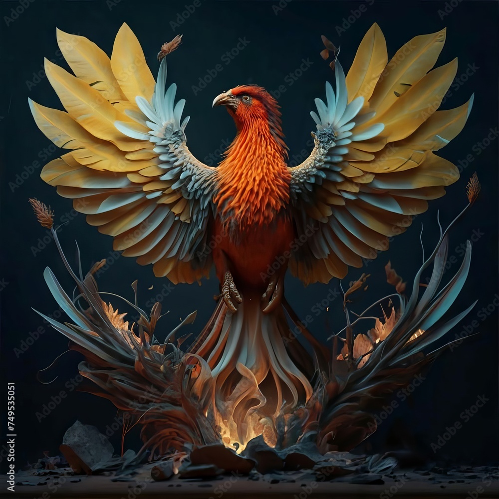 Fototapeta premium Illustration of a flaming phoenix bird on a dark background.