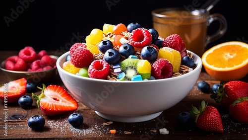 Fruit salad in a bowl on wooden table. Health and wellness concept