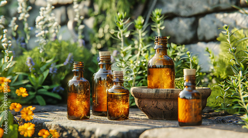 Herbal Aromatherapy: Wellness Concept with Essential Oil Bottles and Natural Elements © NURA ALAM