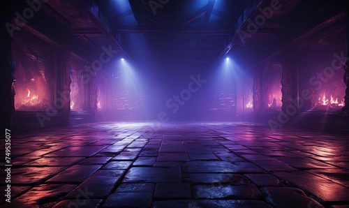 Neon magical dungeon with lighting background. Abandoned 3d mystic demon catacombs with purple blazing fire and rays of light from ceiling