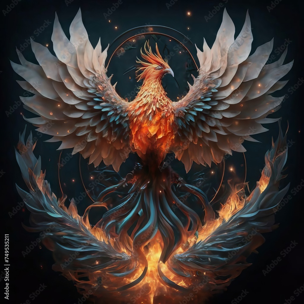 Obraz premium Illustration of a flaming phoenix bird on a dark background.