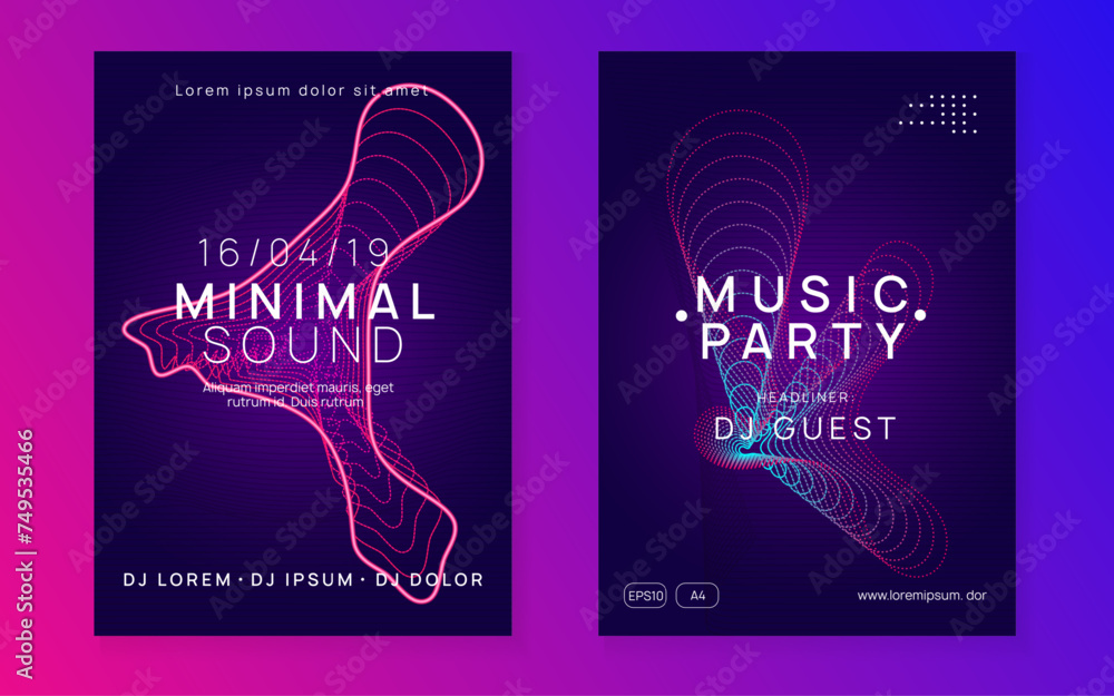 Naklejka premium Trance party. Dynamic fluid shape and line. Creative discotheque invitation set. Neon trance party flyer. Electro dance music. Electronic sound. Club dj poster. Techno fest event.