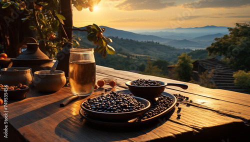 Coffee cup with coffee beans on the wooden table with beautiful sunset in background