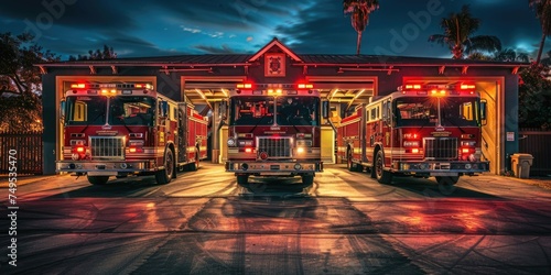 International Firefighters Day, fire trucks on the background of a fire station, the concept of dangerous and risky professions photo