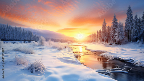beautiful sunny winter landscape with sunrise © Mahira