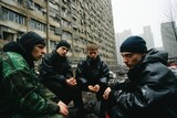a group of gopnics from the 90s are squatting in the courtyard of a panel high-rise building