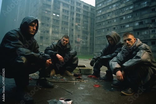 a group of gopniks from the 90s are squatting in the courtyard of a panel high-rise building