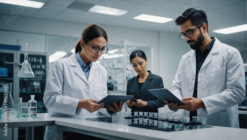 Science, teamwork and scientist with tablet in laboratory for communication, pharmaceutical review or planning, Employees, collaboration and technology for research, discussion and digital analysis