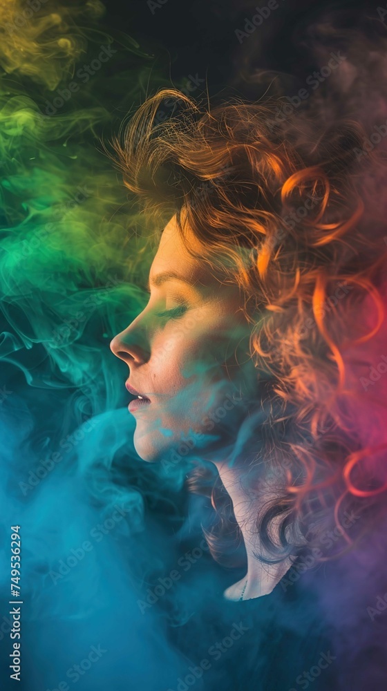 A woman in profile is enveloped in a swirl of colorful smoke, with colors transitioning from deep blues and purples at the bottom to vibrant greens and reds near her face and hair. The woman's eyes ar