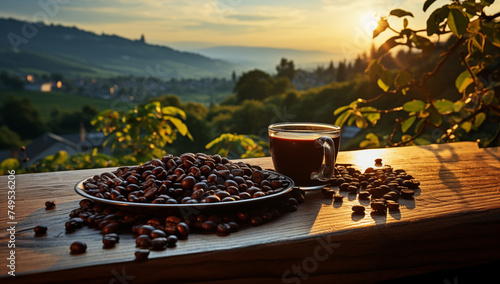 Coffee cup with coffee beans on a wooden table with a natural background