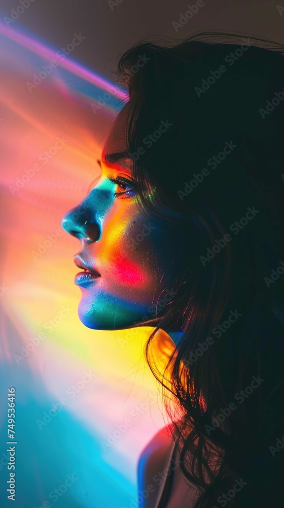A profile view of a person with long, dark hair. The subject's skin is illuminated with a vivid rainbow of colors, casting vibrant blue, purple, red, and yellow hues across their face. The background 