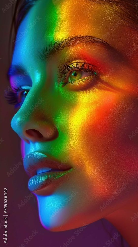 The image showcases a close-up of a person's face illuminated by a vibrant and colorful light spectrum, with hues of red, yellow, green, blue, and purple casting a rainbow effect across their features The image showcases a close-up of a person's face illuminated by a vibrant and colorful light spectrum, with hues of red, yellow, green, blue, and purple casting a rainbow effect across their features