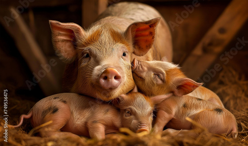 Pig family in farm. Generative AI