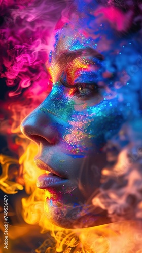 The image features a close-up of a person's profile enshrouded in vibrant, swirling colors, creating a dreamlike atmosphere. The person's skin is adorned with a multitude of vivid, glittering specks a