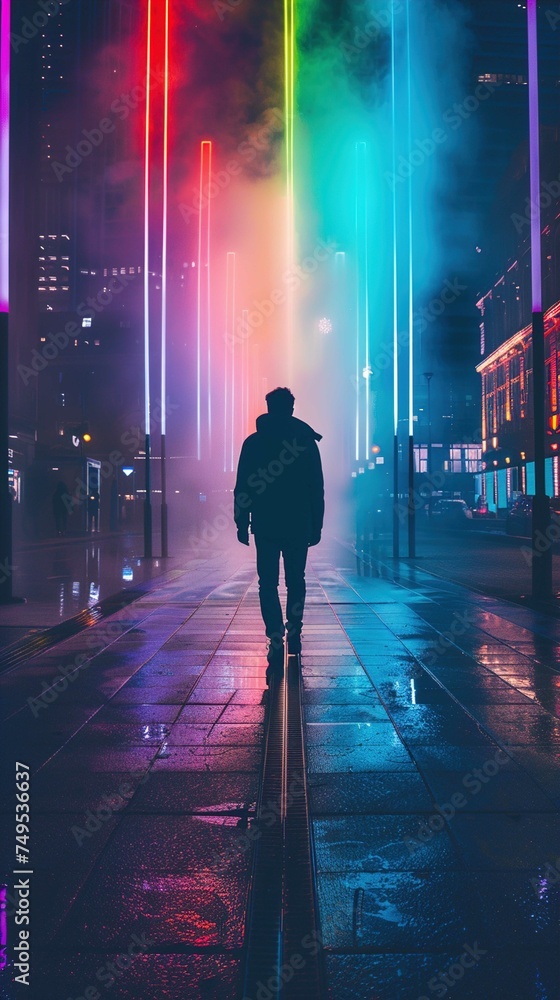 In the center of the image, a person stands with their back to the camera on a wet urban street at night. They are wearing a jacket, jeans, and a hat. The pavement reflects neon lights that streak ver