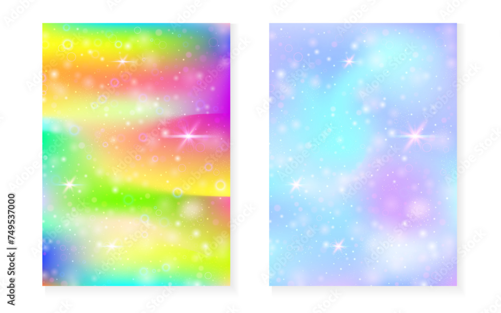 Princess background with kawaii rainbow gradient. Magic unicorn hologram. Holographic fairy set. Vibrant fantasy cover. Princess background with sparkles and stars for cute girl party invitation. Princess background with kawaii rainbow gradient. Magic unicorn hologram. Holographic fairy set. Vibrant fantasy cover. Princess background with sparkles and stars for cute girl party invitation.