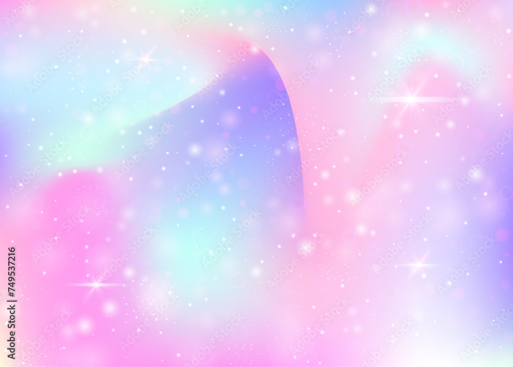 Obraz premium Fairy background with rainbow mesh. Mystical universe banner in princess colors. Fantasy gradient backdrop with hologram. Holographic fairy background with magic sparkles, stars and blurs.