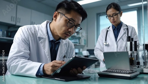 Tablet, scientist and typing on laptop in laboratory, healthcare and online research for medicine with analysis, Asian expert, computer and reading on clinical trials © Tehmas