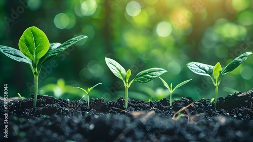Photo of seedlings sprouting in soil symbolizing growth and progress, with copy space in the center. Concept Growth, Progress, Seedlings, Sprouting, Copy Space