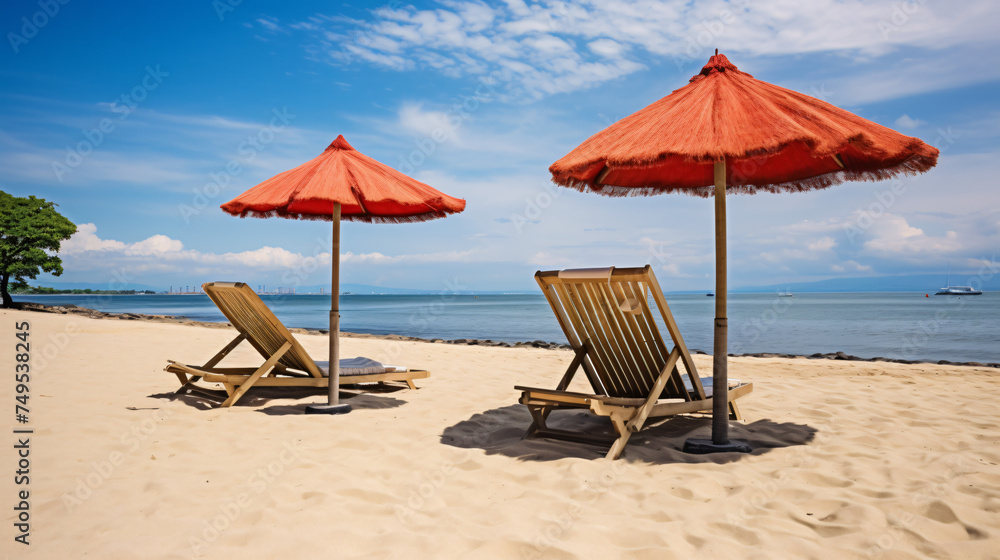 Empty beach chairs and umbrellas on a beach