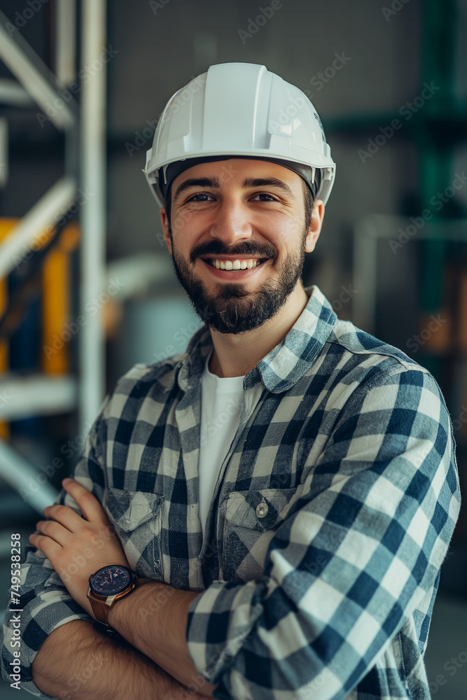 close up photo of an engineer crossed arms, worker with white helmet, blurry background close up photo of an engineer crossed arms, worker with white helmet, blurry background