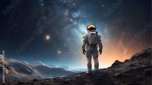 "A lone astronaut gazes in wonder at the cosmic ballet of distant stars from the surface of a desolate moon."