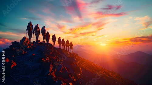 Team of business people silhouetted against sunset conquering mountain symbolizing success. Concept Success, Business, Teamwork, Motivation, Sunset © Anastasiia