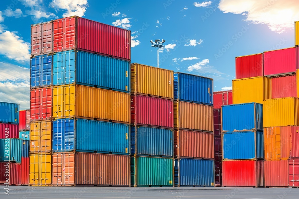 Supply Chain Hub: Cargo Containers Piled Up in Storage Area of Sea Port Terminal, Signifying Efficient Import-Export Processes Supply Chain Hub: Cargo Containers Piled Up in Storage Area of Sea Port Terminal, Signifying Efficient Import-Export Processes