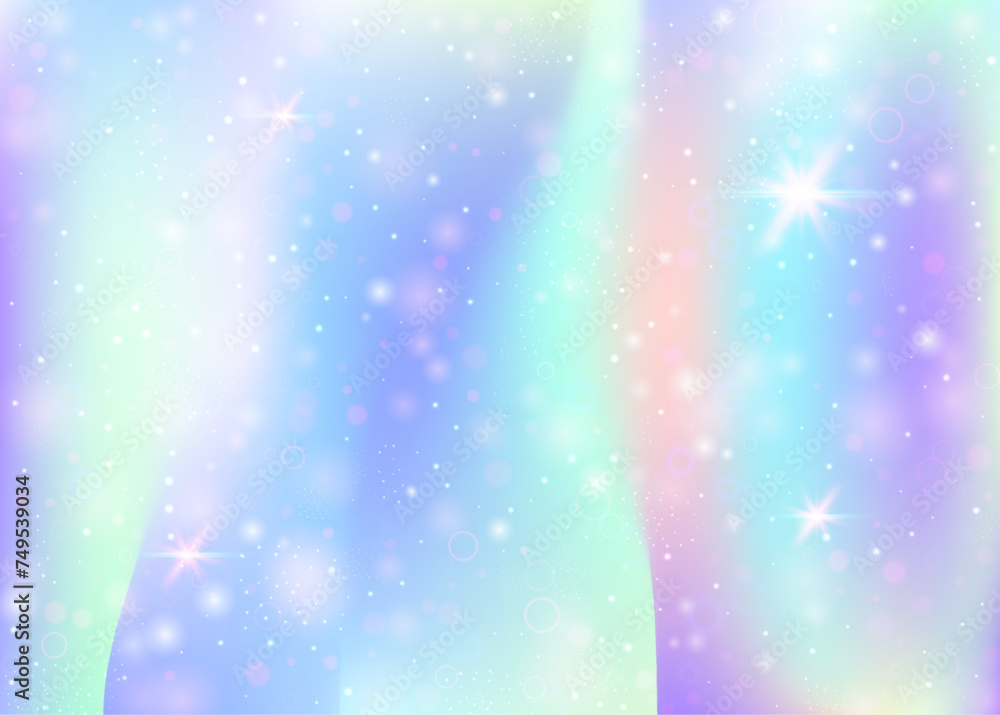 Magic background with rainbow mesh. Mystical universe banner in princess colors. Fantasy gradient backdrop with hologram. Holographic magic background with fairy sparkles, stars and blurs.